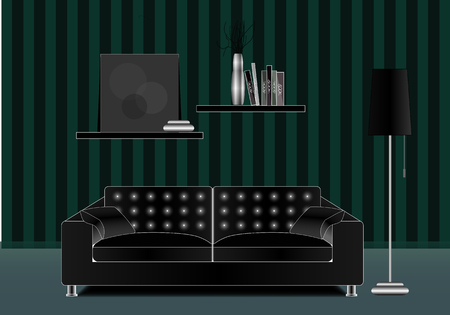 Living men room illustration black leather sofa and floor lamp dark designのイラスト素材