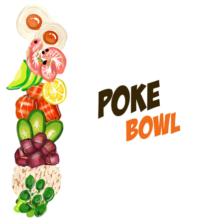 Poke Bowl Hawaiian cuisine food natural restaurant hand drawn illustration healthy menu element seafoodand rice artの写真素材