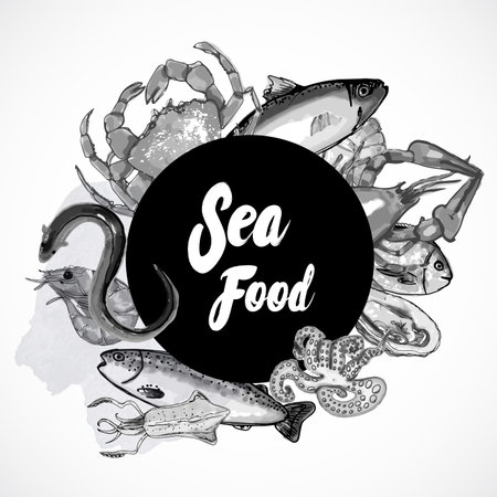 Seafood - modern vector hand drawn round banner template with copy space. Black and whiteのイラスト素材