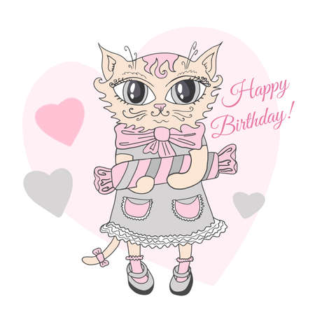 Cute baby cat cartoon wearing dress and bows holding candy heart pink background illustration vector.のイラスト素材