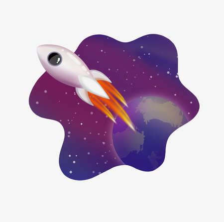 Rocket fly planet neon bright print empty space flat emblemの写真素材