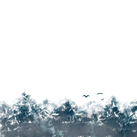 Snow mountains peaks landscape birds border down illustration monochrome posterの写真素材