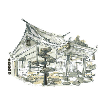 Japanese house watercolor paint hand drawn china home ink illustrationのイラスト素材