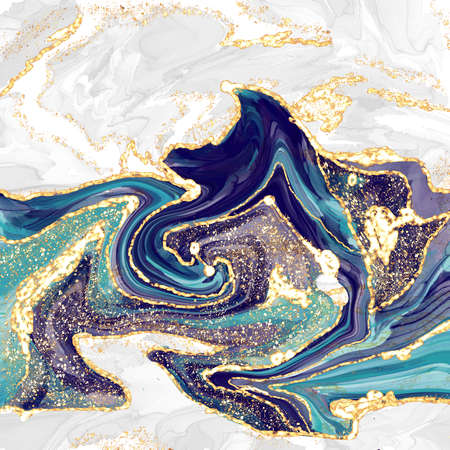 marbling abstract luxury composition Inkscapes. Watercolour landscape, texture, Alcohol ink, Fluid chaos, art, kintsugi style and liquid and watercolor gold blue turquoiseの写真素材