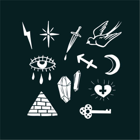 Mystical set symbols, style old school tattoo, witchcraft icons, spiritual signs. Magic esoterica talisman elements. Vector illustrationのイラスト素材