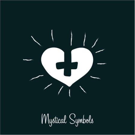 Mystical spiritual symbol heart cross rays, style old school, tattoo, icon, sign. Magic esoterica talisman element. Vector illustrationのイラスト素材
