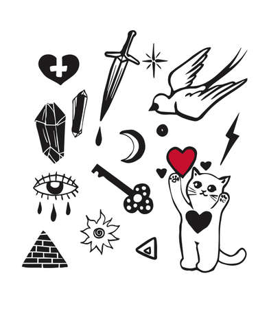 Mystical set symbols, style old school tattoo, witchcraft icons, spiritual signs. Magic esoterica talisman elements. Vector illustrationのイラスト素材