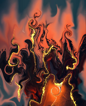 Abstract flame forest marble watercolor bacground. Alcohol brush texture, glitter dust ink, fluid...