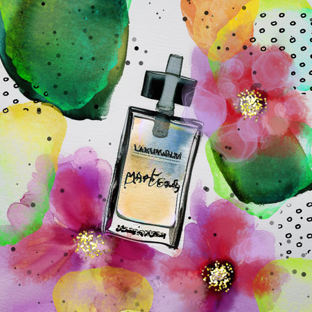 Watercolor drawing perfume bottle, pink flowers, bright colors. Leaves with shiny golden glitter and watercolor floral, gold shine print, fashion illustration on white backgroundの素材