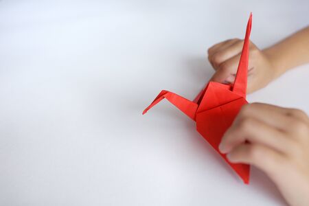 Child's hands doing origami from colored paper on white background during an origami lesson.の写真素材