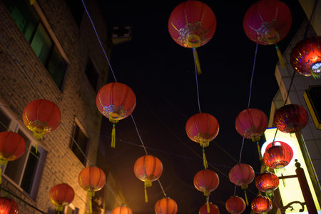 The Chinese lamps burning at nightの写真素材