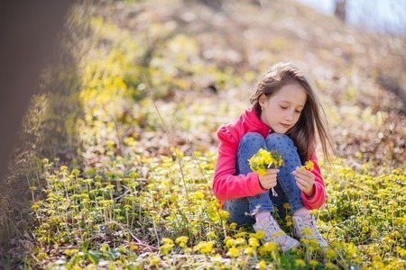 The lovely girl of years of eight walks in the spring wood, collects the first spring flowersの写真素材