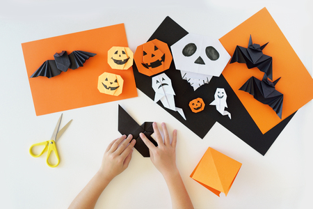 Lesson of origami. creativity. Hands of kids.の写真素材