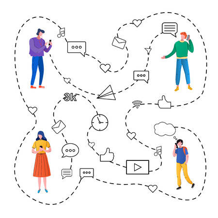 Men, women, teenagers use mobile phones.People hold phone to read messages, selfies and calls. Vector, flat.の写真素材