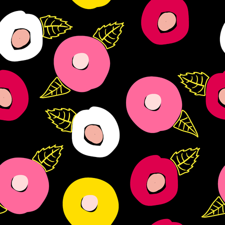 Vector floral seamless pattern in hand drawn style with flowers and leaves on white or black background greeting card template. Red, pink, yellow colorsのイラスト素材