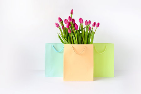 Fresh bright bouquet of pink tulip in paper bags. Beautiful greeting card. Spring holidas concept....