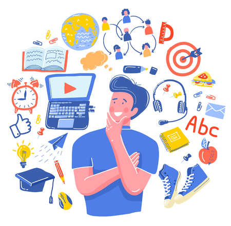 Man have a question. the boy thought of training. School Doodle vector set. Learning of foreign languages. Hand drawn icons Onlineのイラスト素材