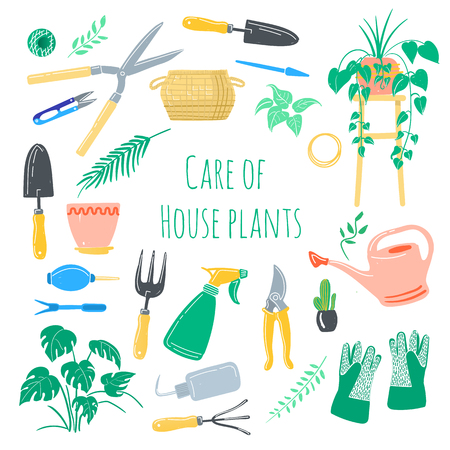 Vector set hand drawn illustrations of gardening and care of house plants. Cute garden tools work hand drawn elements.のイラスト素材