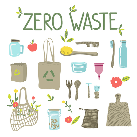 Zero waste concept, recycle and reuse, reduce - ecological lifestyle, set with lettering. Ecostyle. Doodles elements. No plastic. Vector illustrationのイラスト素材