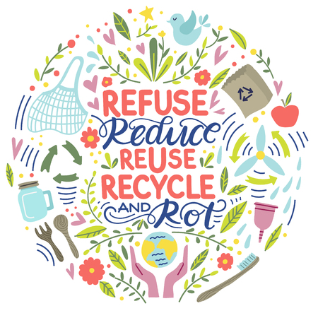 Zero waste concept, recycle and reuse, reduce - ecological lifestyle, set with letteringのイラスト素材