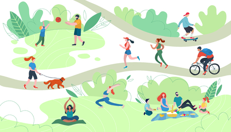 People relaxing in nature in a beautiful urban park. Flat figures of human wolking outdoors. Outdoor activitiesのイラスト素材