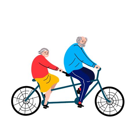 Grandparents on a bicycle. Vector flat portrait of old cute loving couple riding double bike. Cartoon style. Love forever. Character illustration. Healthy lifestyle.のイラスト素材