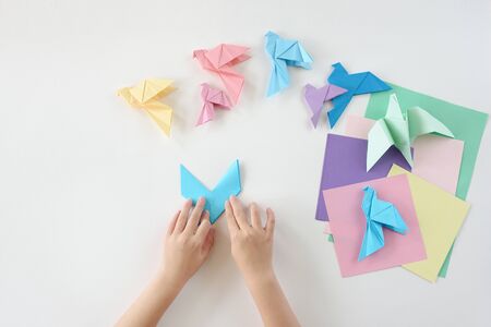 Children hands do origami from colored paper on white background. lesson of origamiの写真素材