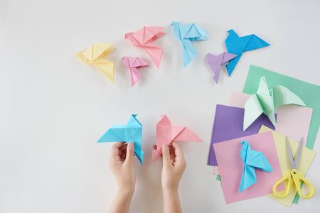 Children's hands do origami from colored paper on white background. lesson of origamiの写真素材