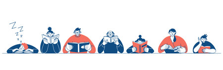 Horizontal banner outline. The concept of reading day. People who line up and read books. flat design style minimal vector illustration.のイラスト素材