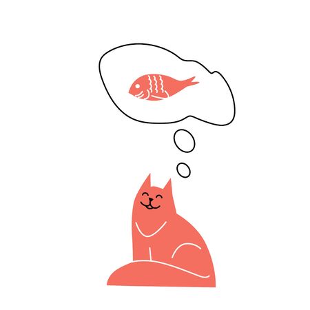 A red cat thinking about food, about fish. Cartoon Vector isolated scene.のイラスト素材