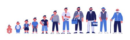 Character of a man in different ages. A baby, a child, a teenager, an adult, an elderly person. The life cycle. Generation of people and stages of growing up. From infant to grandparents.のイラスト素材