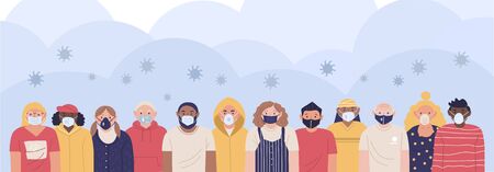 Coronavirus Pandemic. Vector image of people wearing medical masks protecting themselves from the virus. Flash of influenza.のイラスト素材