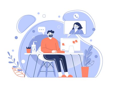 The character of the man in a protective medical mask communicates remotely over the network. Stay home during the coronavirus pandemic. Home quarantine.のイラスト素材