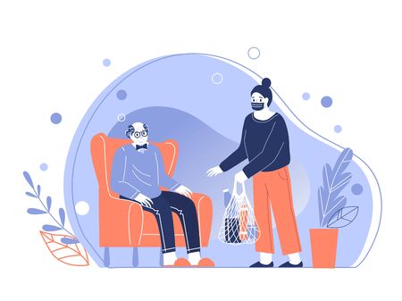 Young woman help older man and bring home food for him. Caring for elderly pensioners during quarantine. Coronavirus epidemic.のイラスト素材