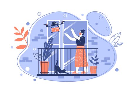 Contactless delivery concept illustration. A woman on the balcony of a house receives a parcel with an quadcopter. The use of modern technology in courier delivery.のイラスト素材