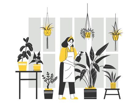 Cartoon character woman caring for plants. Flat cartoon vector. Interior design. Flat vector character illustration. People gardening.のイラスト素材