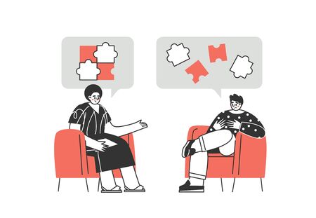 Clients and psychologists. Supporting mental health. Concept of social psychiatry, therapist and patient. Treatment of stress, addictions and mental problems. Vector illustrationのイラスト素材