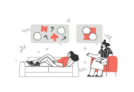 Clients and psychologists. Supporting mental health. Concept of social psychiatry, therapist and patient. Treatment of stress, addictions and mental problems. Vector illustrationのイラスト素材