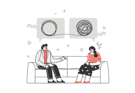 Clients and psychologists. Supporting mental health. Concept of social psychiatry, therapist and patient. Treatment of stress, addictions and mental problems. Vector illustrationのイラスト素材