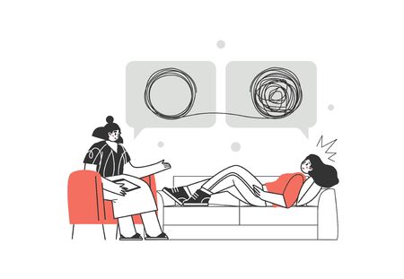 Clients and psychologists. Supporting mental health. Concept of social psychiatry, therapist and patient. Treatment of stress, addictions and mental problems. Vector illustrationのイラスト素材