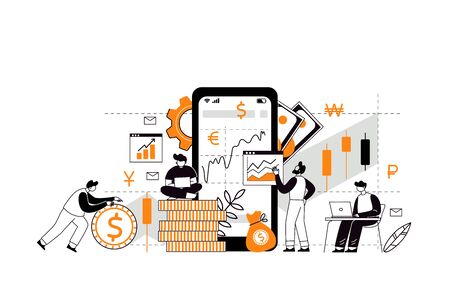 The concept of investment and income multiplying. Buying shares and funds. The characters analyze the stock market with the help of an investment broker.のイラスト素材