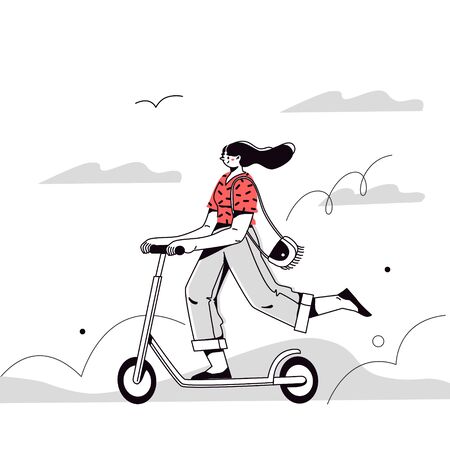 A young girl rides an electric scooter in the open air. Outdoor activities. Vector flat illustration.のイラスト素材