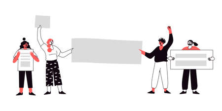 Humans of protesters with banners, flags. Voting people at the demonstration. Isolation of the concept of political rally and the vector of protest. Illustration of group protest.のイラスト素材