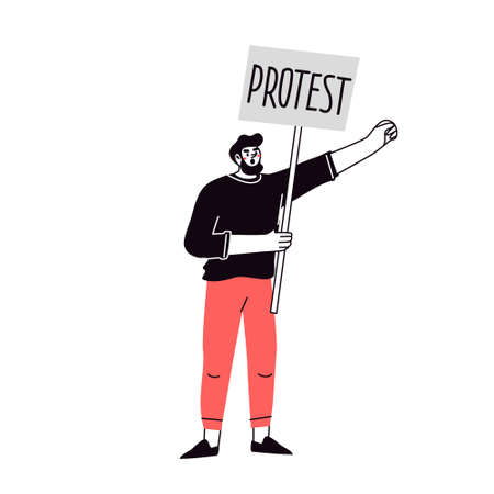 Person, a man protesting with a banner. Demonstration, rally. Expression of opinion, dissent.のイラスト素材