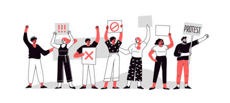 People of different nationalities are protesting with banners, flags. Voting people at the demonstration. Isolation of the concept of political rally and the vector of protest. Group protest.のイラスト素材
