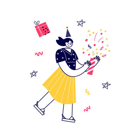 Vector funny character celebrates. Give gifts, enjoy the holiday, eat cake. A birthday party.のイラスト素材