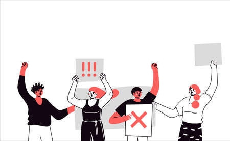 Crowd of protesters with banners, flags. Voting people at the demonstration. Isolation of the concept of political rally and the vector of protest. Illustration of group protest.のイラスト素材