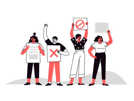 Crowd of protesters with banners, flags. Voting people at the demonstration. Isolation of the concept of political rally and the vector of protest. Illustration of group protest.のイラスト素材