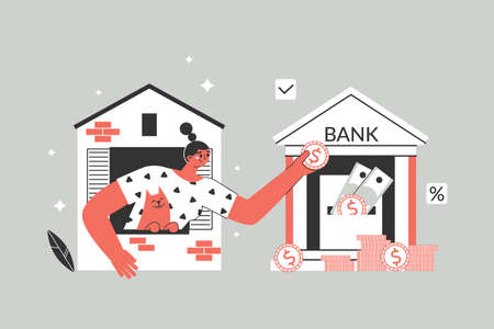 Mortgage loan concept. The character of the girl transfers money to the bank, pays the loan to the bank.のイラスト素材