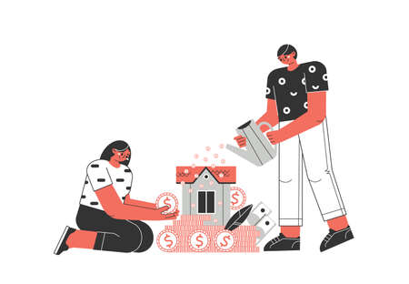 Mortgage concept. A young couple invests money in their homes, in real estate. Profitable mortgages.のイラスト素材